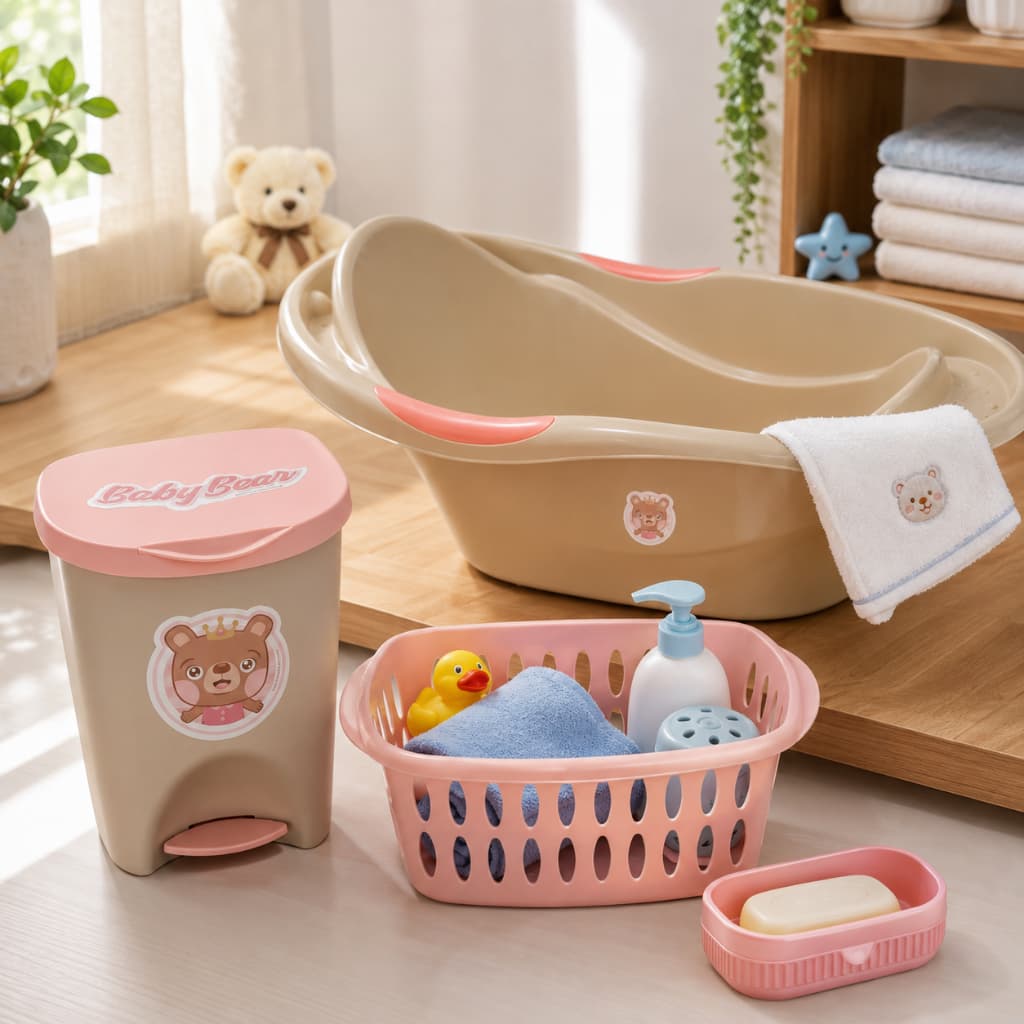 Kit Para Banho Quarto Bebê Baby Menina Banheira Saboneteira Cesto E Lixeira Rosa
