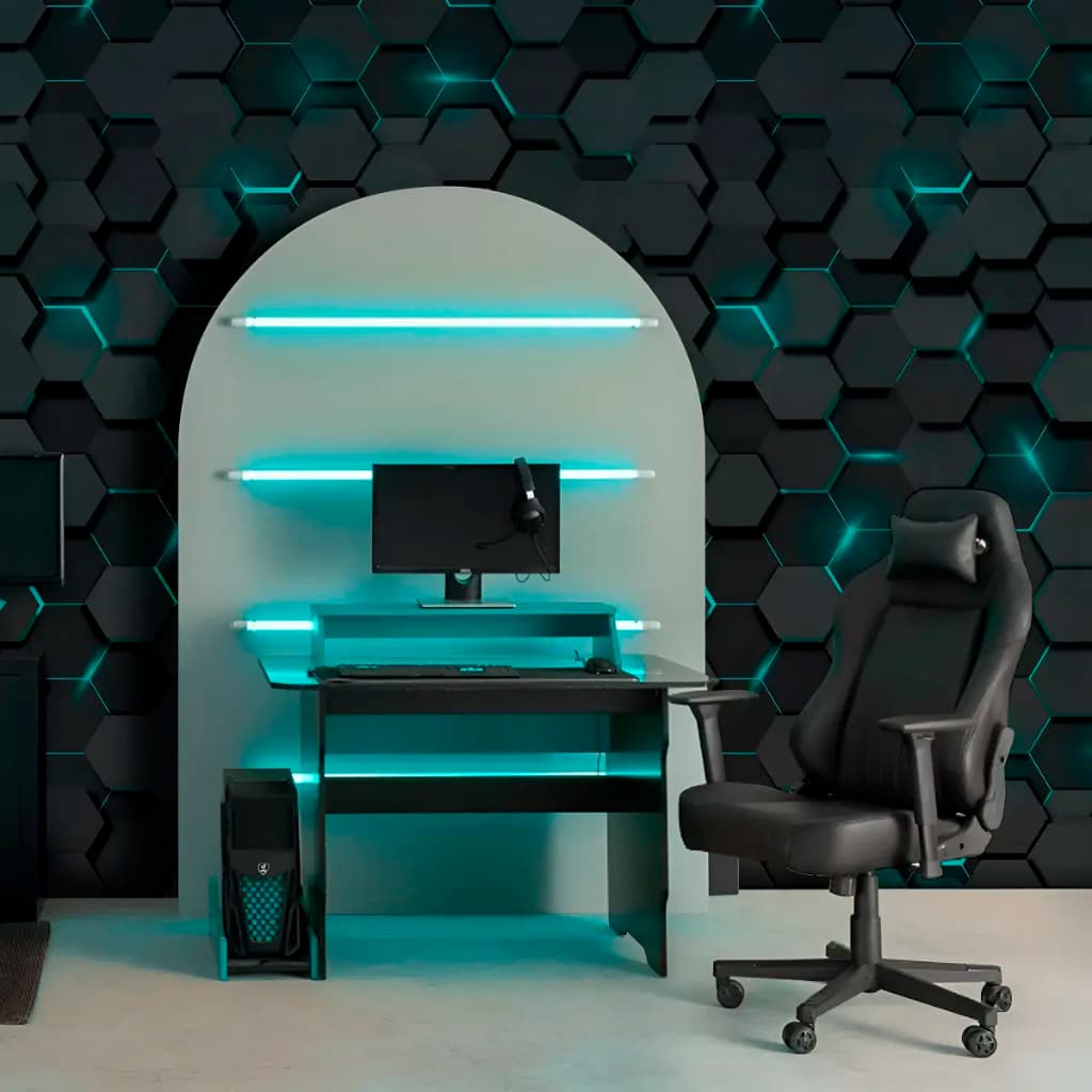 Papel de Parede Gamer Azul 3D | Adesivo p/ Setup e Quarto de Jogos | Rolo 1,50m Autocolante
