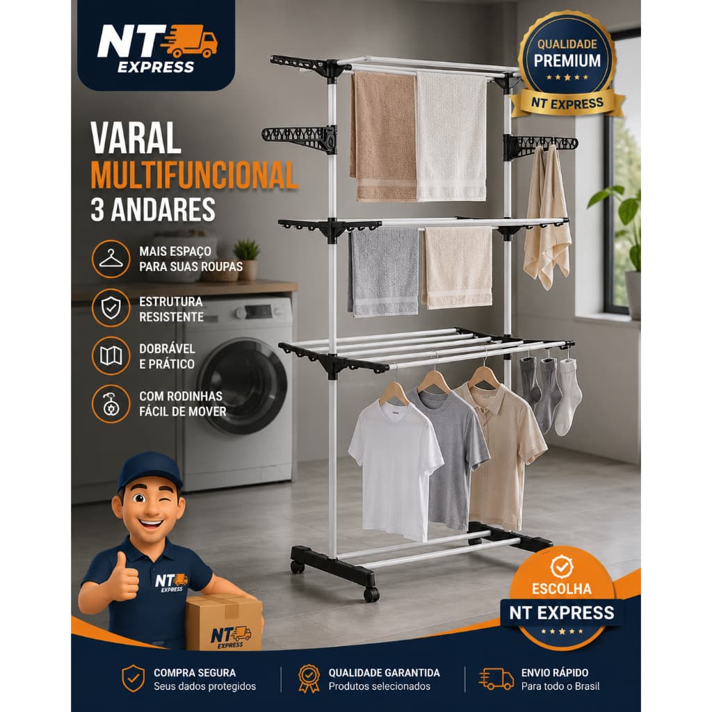 Varal de Chão 3 Andares Multifuncional com Cabideiro Rodinhas Organizador Vertical para Roupas