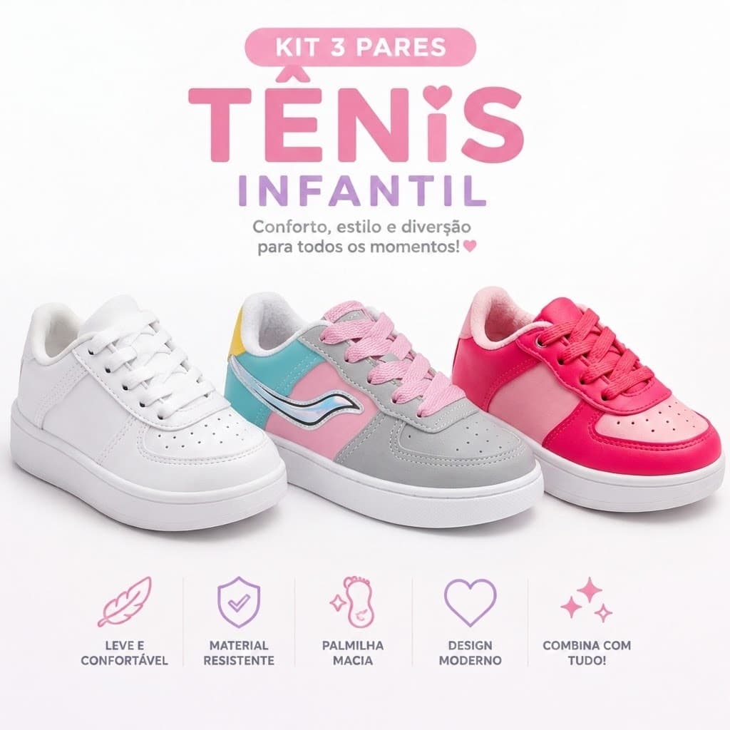 Kit 3 Pares Tênis Infantil Feminino Fashion Conforto E Qualidade Para Escola E Lazer