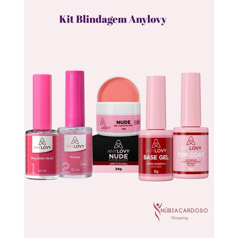 KIT BLINDAGEM ANYLOVY, PRIMER, REGULADOR PH, TOP COAT, GEL DE ALONGAMENTO