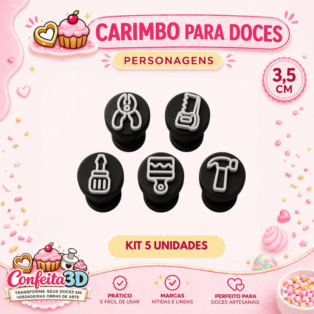 Kit 5 Carimbos para Doces Ferramentas | Martelo, Serra, Alicate, Chave de Fenda e Pincel
