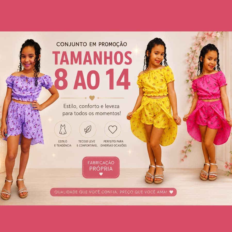 Conjunto Sereia Infantil Moda Verão Cropped Ombro a Ombro e Short Saia Tam 8 ao 14
