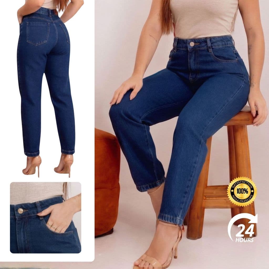 Calça MOM JEANS Feminina Cintura Alta Azul Escura Tecido Premium Encorpado 100% Algodão