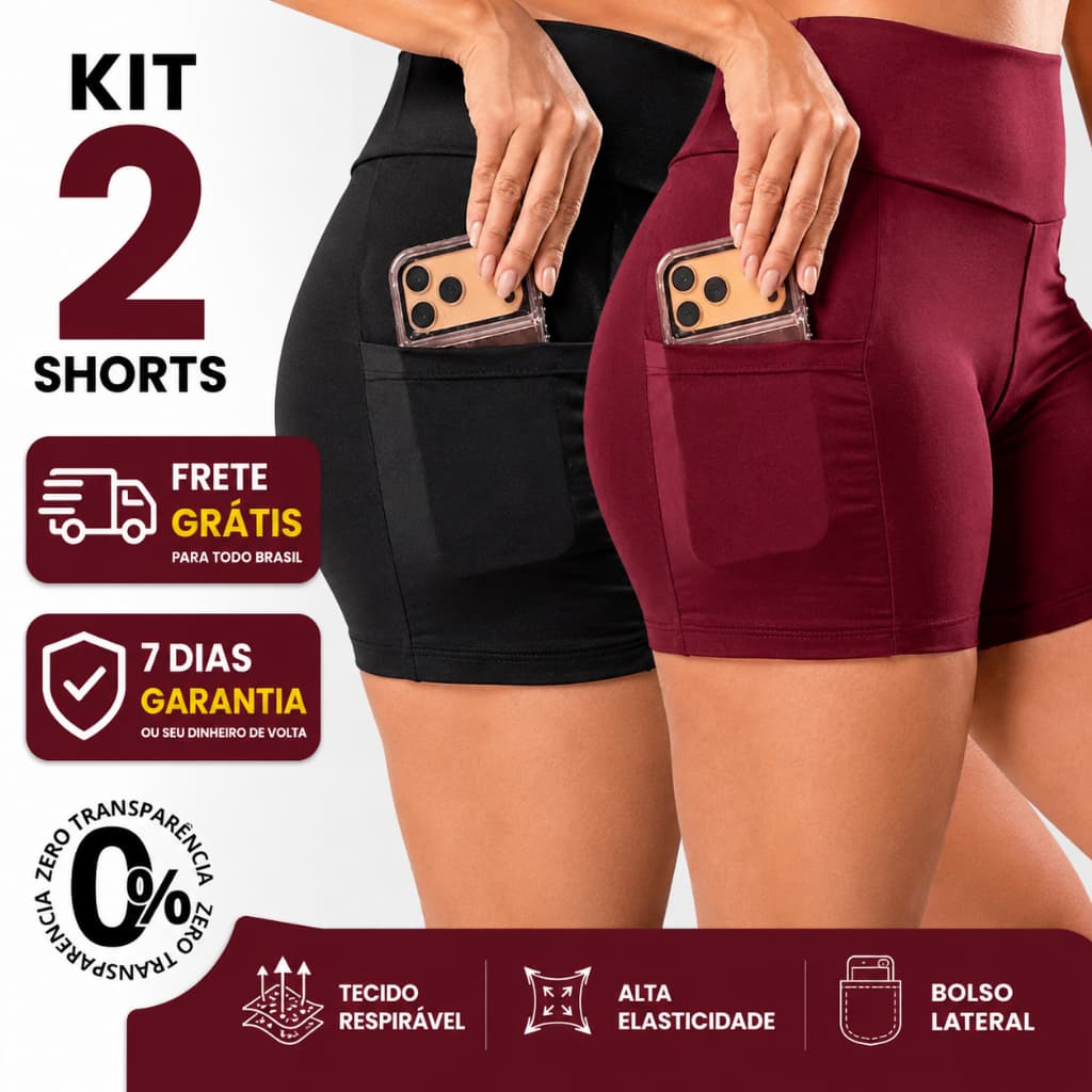 2 Short de Academia Feminino Cintura Alta Com Bolso Suplex Não Transparente