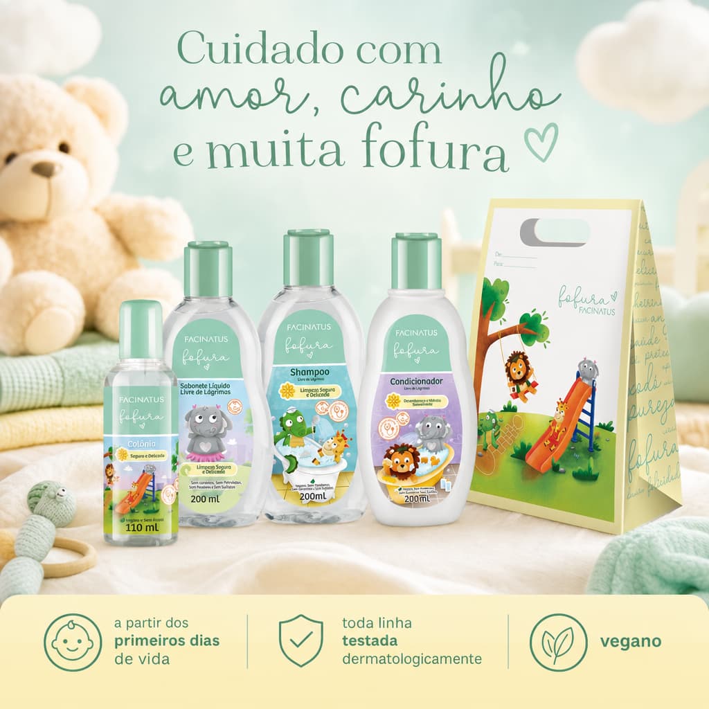 Kit Shampoo Condicionador Colônia Sabonete Liquido Bebê Infantil Presente Fofura Kit com Sacola - Sem Lágrimas Vegano