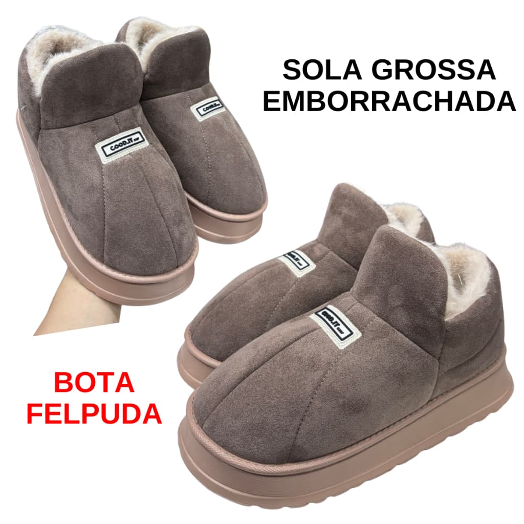Pantufa Feminina Inverno Bota Peluciada Forrada Quente Sola Antiderrapante Confortável Casual Marrom
