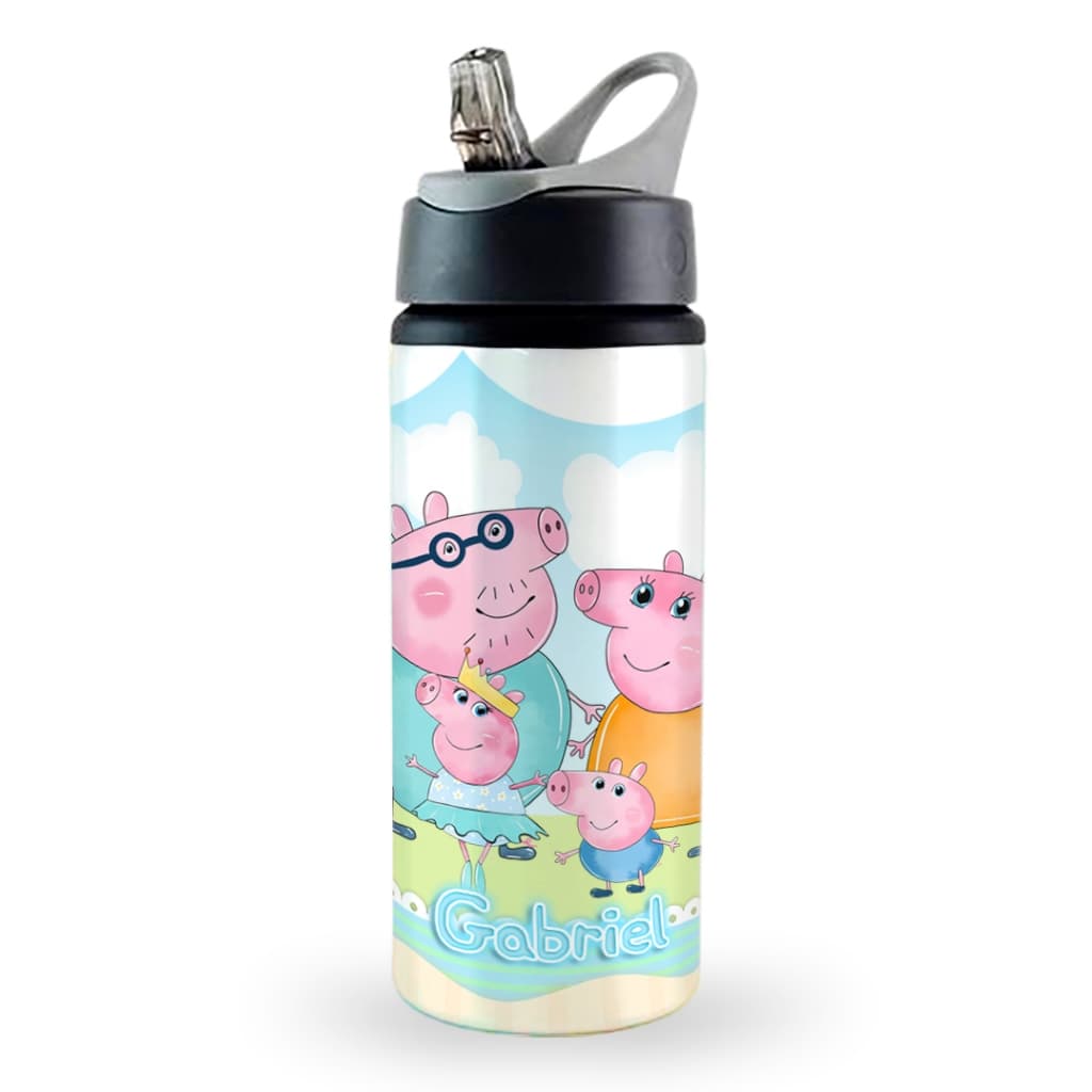 Garrafa squeeze escolar alumínio Peppa Pig personalizada com nome