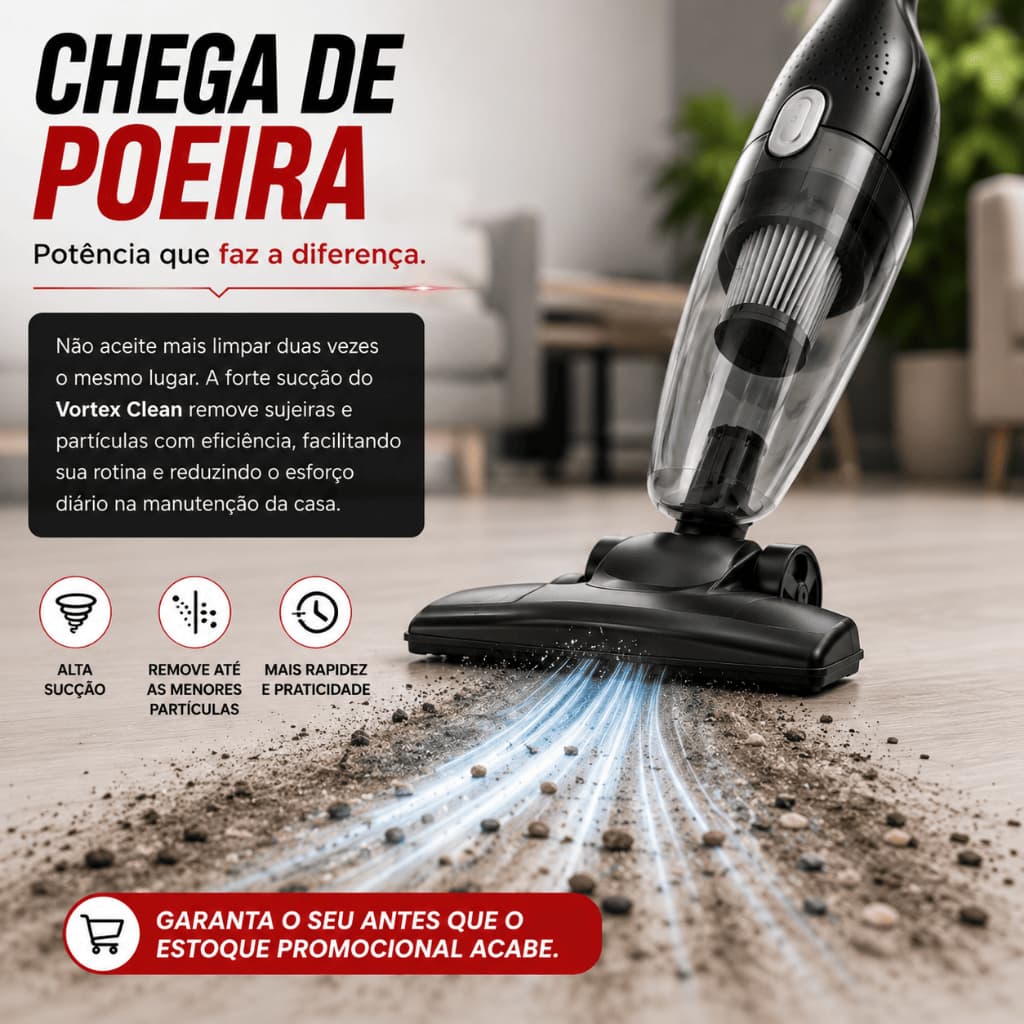 Aspirador de Pó Vertical 2 em 1 Vortex Clean 220V Portátil Alta Potência Leve e Compacto