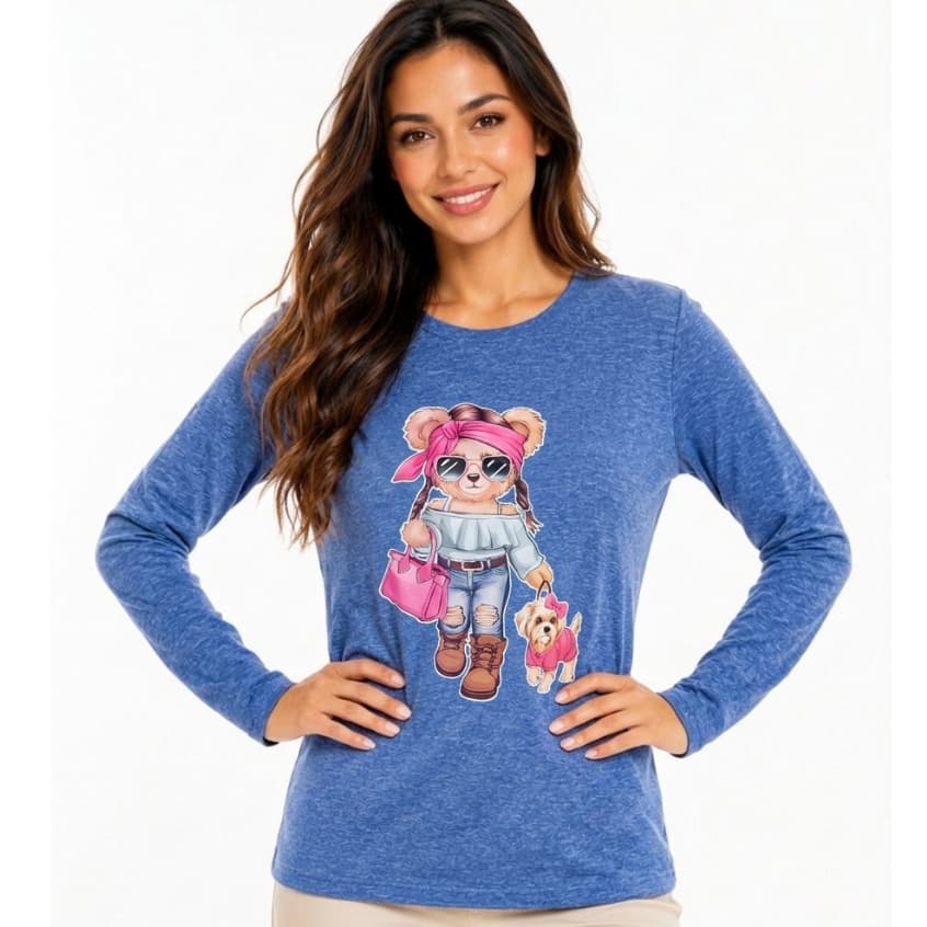 Blusa Feminina Manga Longa Estampa Urso Fashion Viscolycra Premium