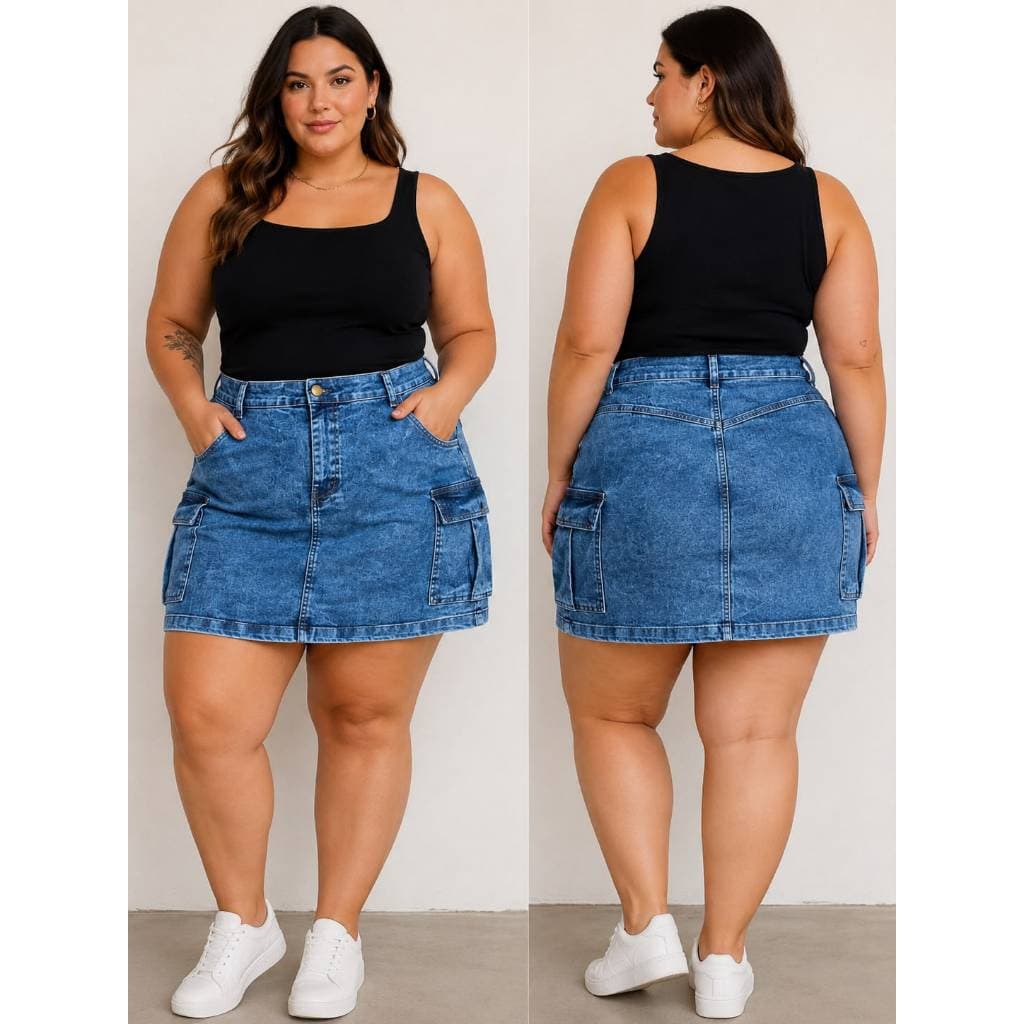 Saia Cargo Plus Size Curta Feminina Moda com Lycra Bolso na Lateral Estilosa Cintura Alta Grande