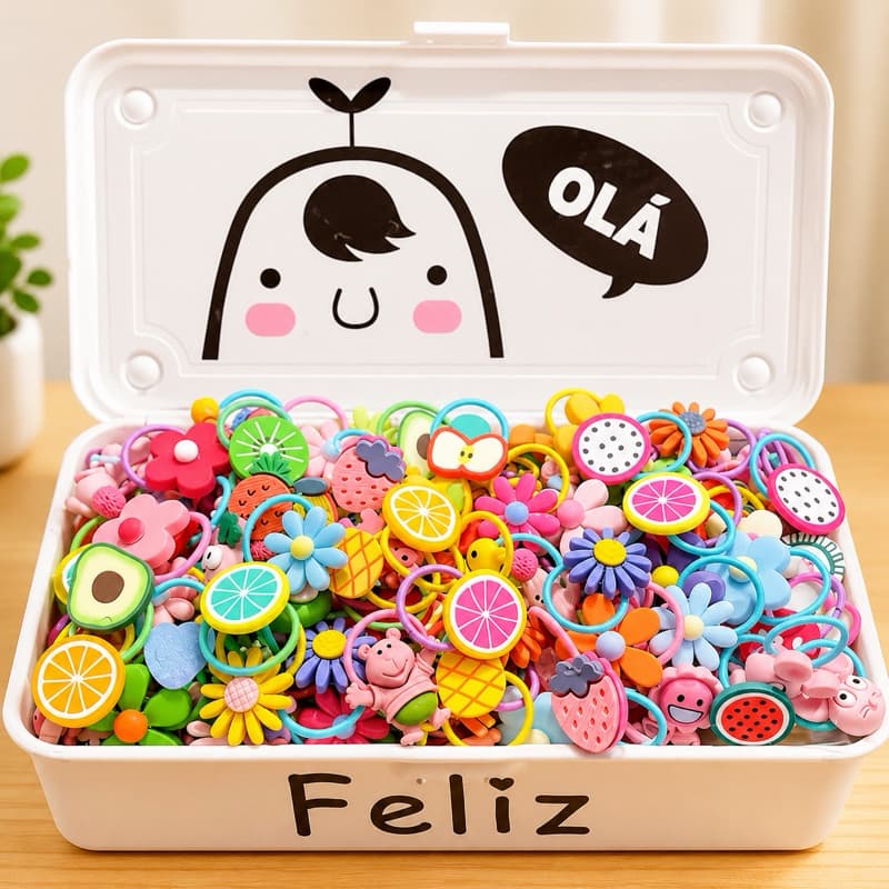 Elásticos de Cabelo Infantil Coloridos – Acessórios Sortidos para Meninas com Flores, Frutas e Personagens
