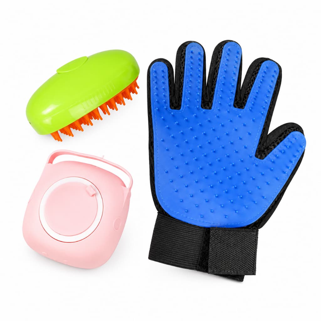 Kit Banho Cachorro Gato Escova Vapor Luva Esponja 3 Itens