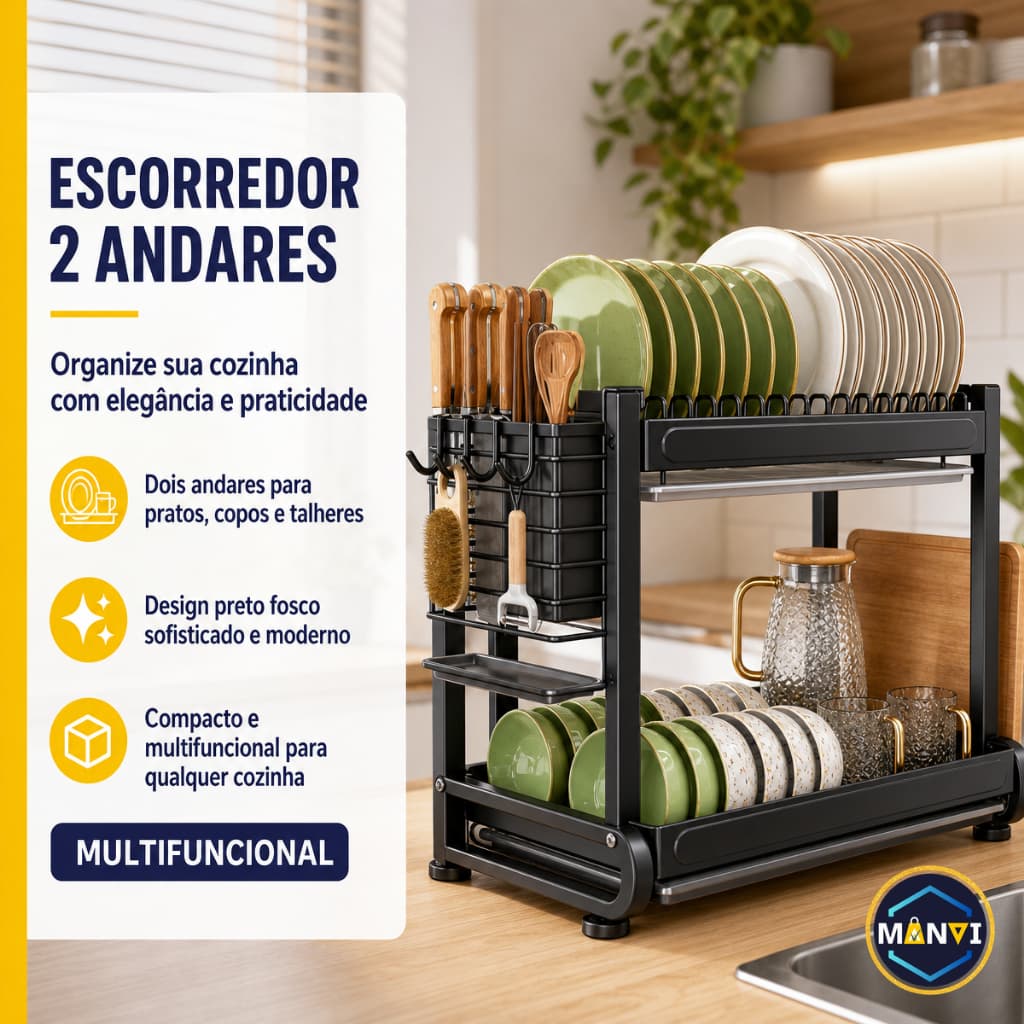Escorredor Loucas Pratos Duplo 2 Andares Organizador Utensilios Inox Pia Cozinha Porta Talheres