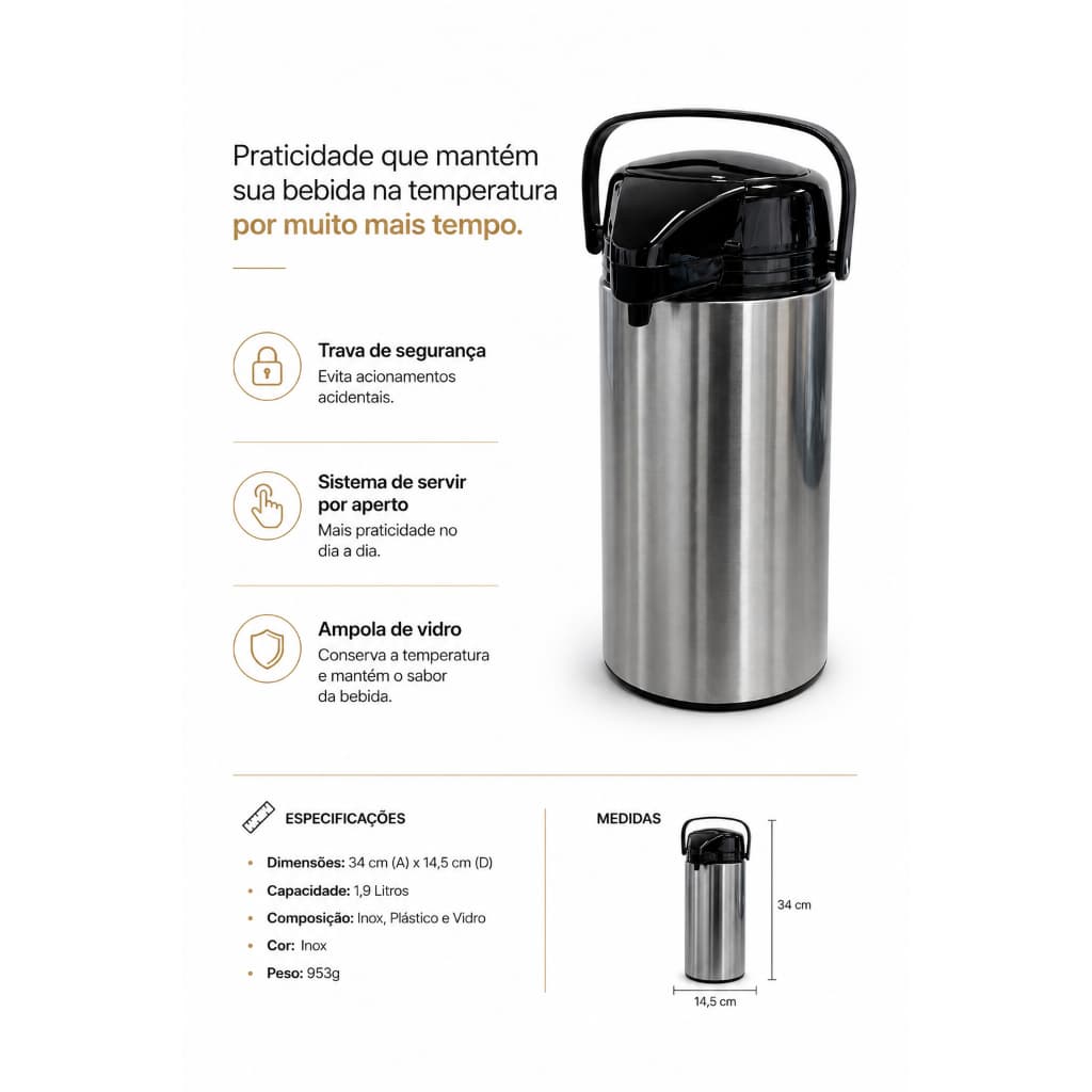 Garrafa Termica Inox 19 Litros Alta Durabilidade Conserva Temperatura Fria Quente