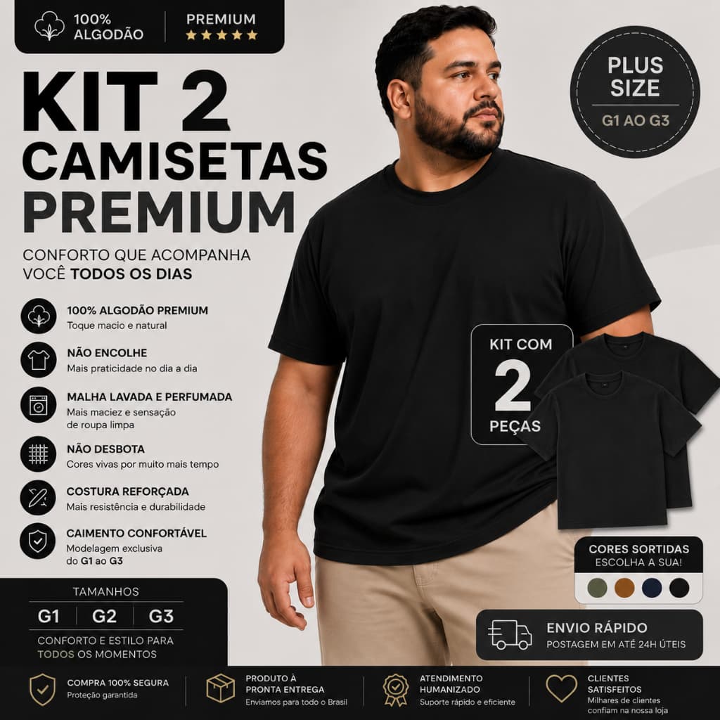Kit 2 Camisetas Plus size 100% algodão estonada zero encolhimento