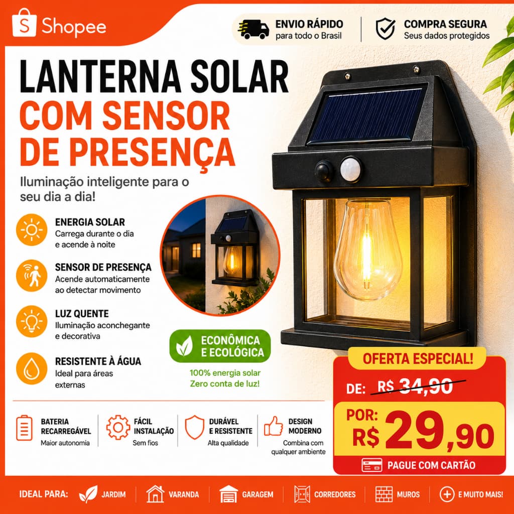Luminária Solar LED com Sensor de Presença Parede Externa Jardim Garagem Área Externa