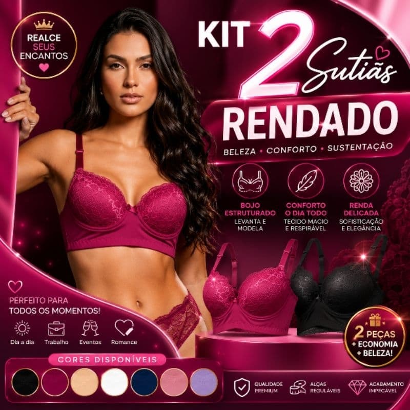 Kit 2 Sutiã Feminino Rendado Com Aro Base Alongada Bojo Reforçado Alta Sustentação