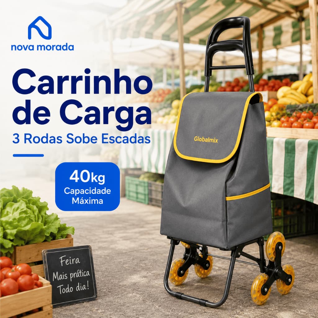 Carrinho de Compras Carga 3 Rodas Sobe Escadas 40kg Dobrável Bolsa Mercado Feira bolsa portátil