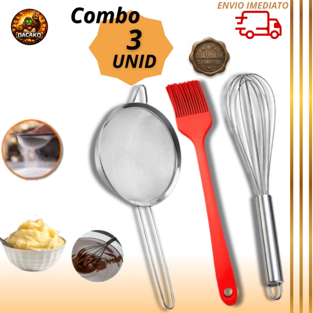 Combo Pincel Culinário Silicone, Peneira Coador 16cm e Fue Inox 30cm Bolo Massa Confeitaria Gourmet
