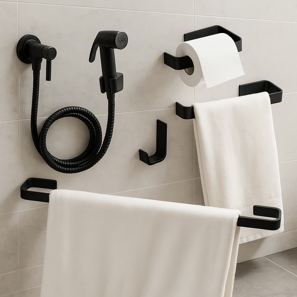 Kit Banheiro Preto Acessórios Ducha Higiênica Porta Toalhas Suporte Papel Higiênico Preto Fosco