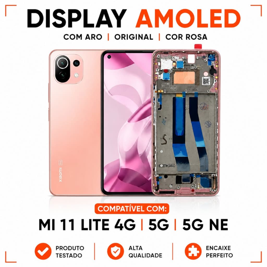 Tela Mi 11 Lite 4G/5G/5G NE Display AMOLED Original Rosa Frontal Com Aro Chassi 90Hz Módulo Oled