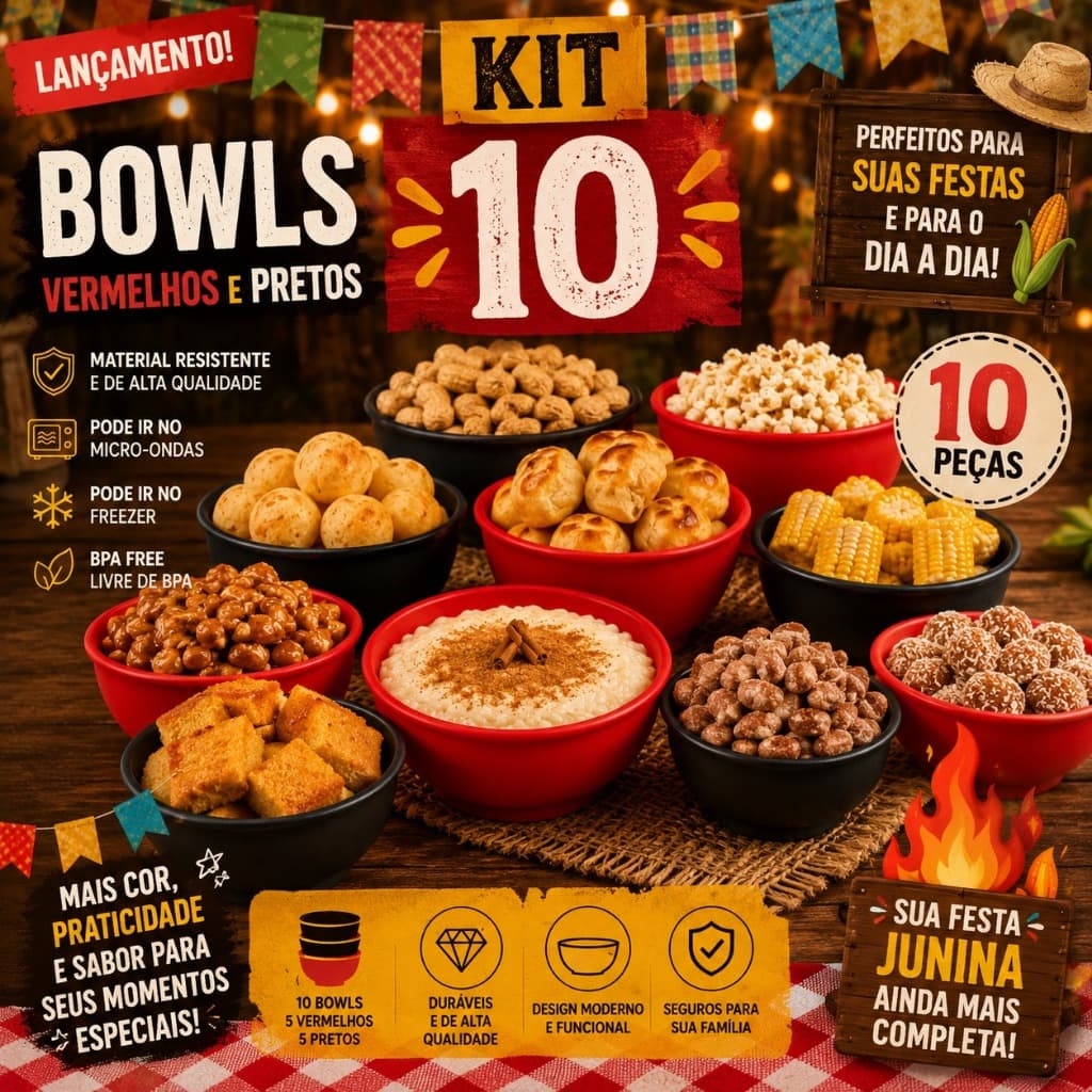 Kit 10 Bowls Festa Junina Julina Vermelho e Preto 800ml BPA Free  Micro-ondas Freezer Petisco Arraiá