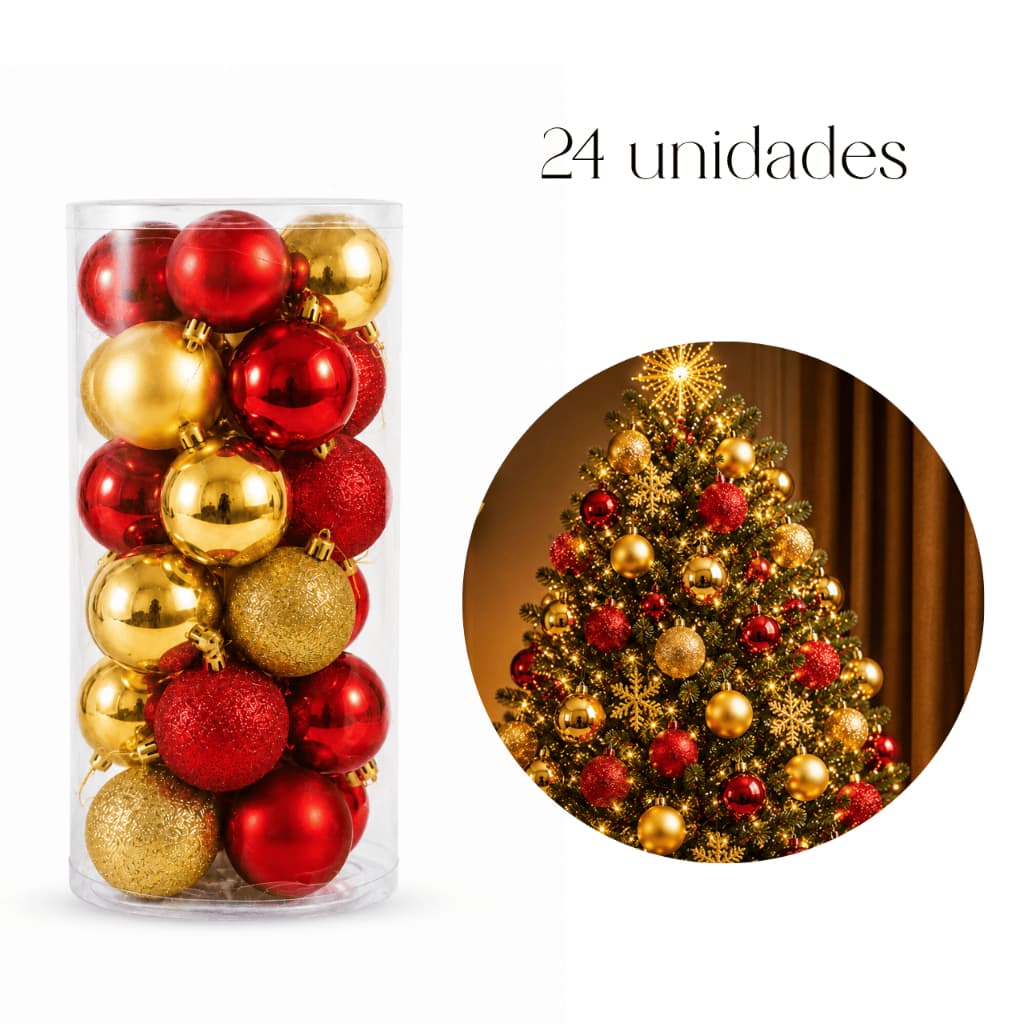 Bolinhas de Natal 24 Unidades Kit Enfeite Para Arvore 6cm Misto Vermelhas e Douradas Glitter, Brilhante e Fosca