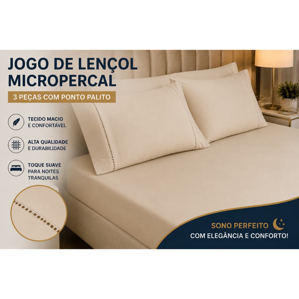 Jogo de Lençol Queen 3 Peças Micropercal | Lençol com Elástico + Fronhas Ponto Palito | Super Macio Hotel Envio Rapido