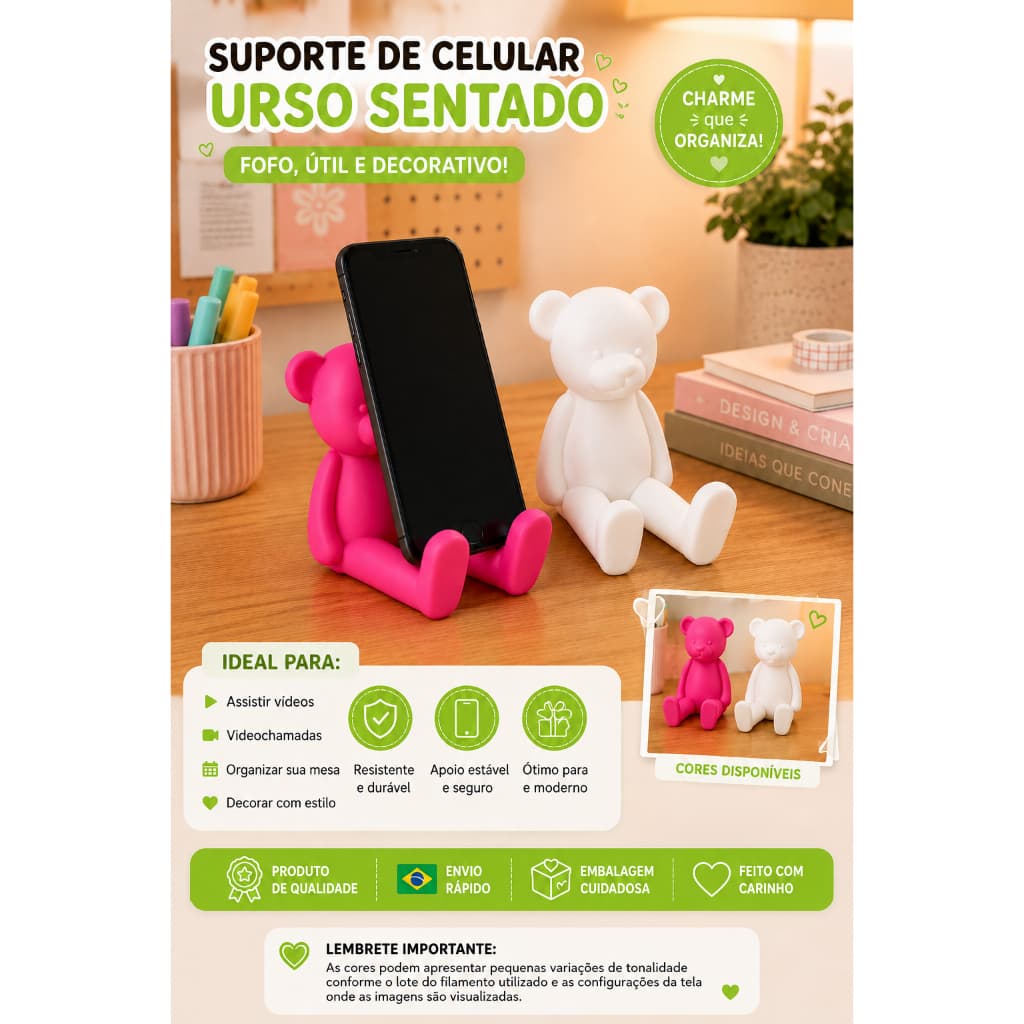 Porta Smartphone Ursinho - porta celular - decoração mesa -  Apoio de Mesa para celular – Decorativo -Home Office