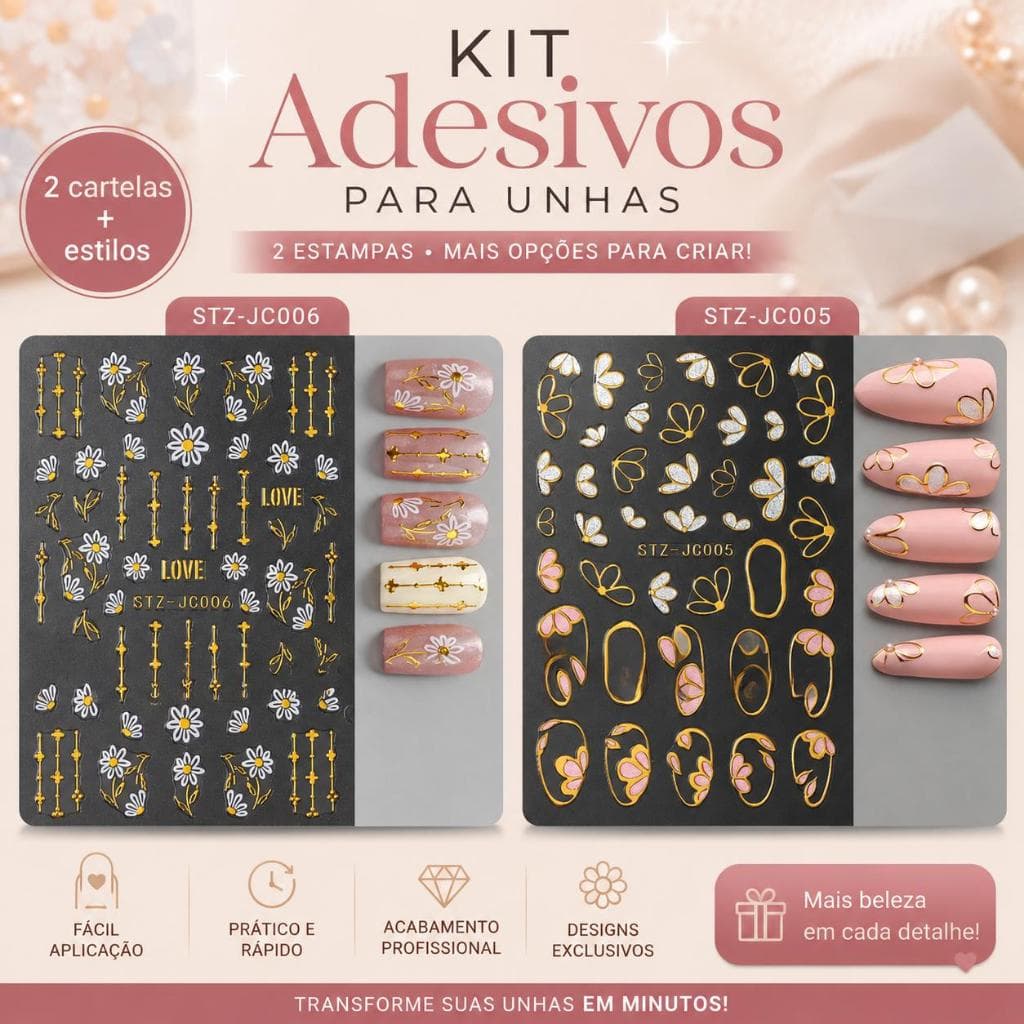 2 Cartelas de Adesivos para Unhas com Flores em Contorno 3d Dourado Nail Design