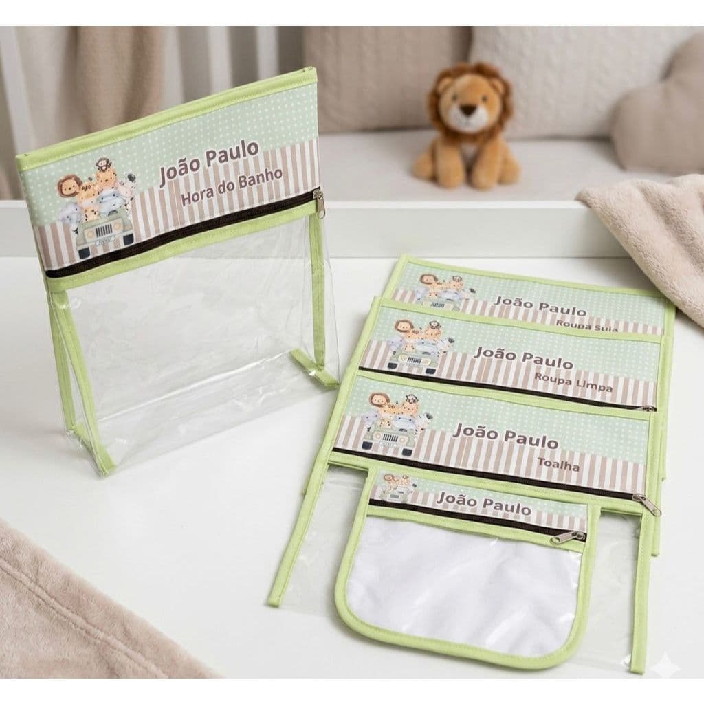 kit creche impermeavel 5 peças, personalizado com nome e tema que desejar