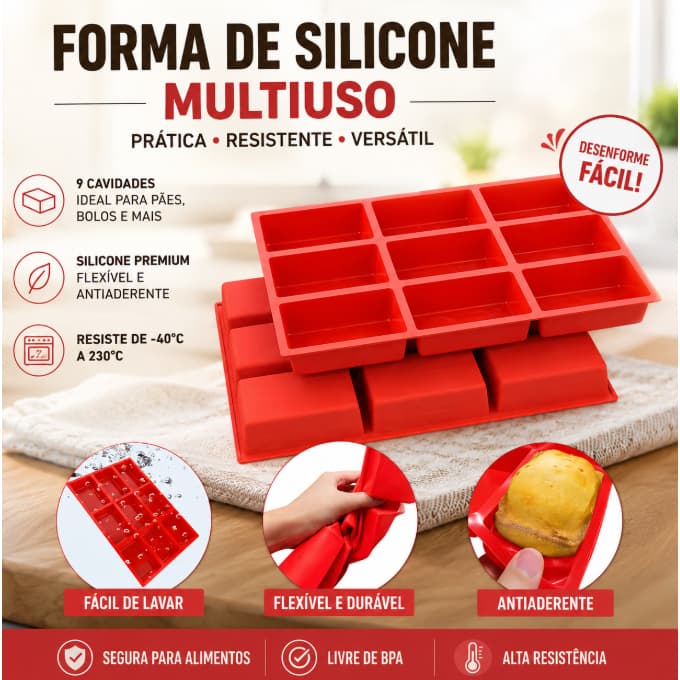 Forma de Silicone para Pão e Bolo com 9 Cavidades | Antiaderente, Flexível e Resistente ao Calor