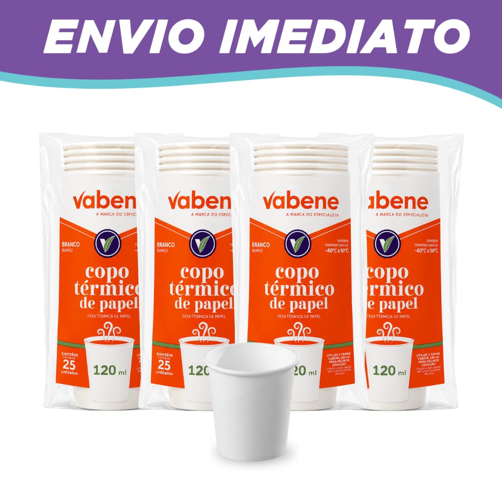 Kit 100 Copos Descartável Térmico de Papel Branco 120ml Vabene