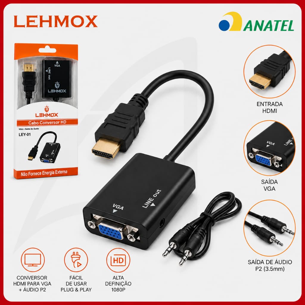 Adaptador Conversor HDMI VGA Com Áudio P2 Full HD 1080P PC Notebook Projetor