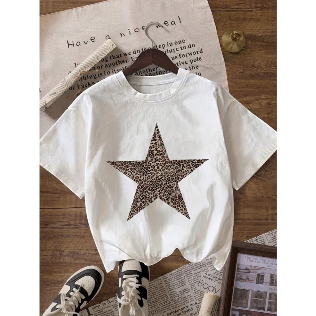 Camiseta Feminina Estrela Onça 100% Algodão Confortável Uso Diário