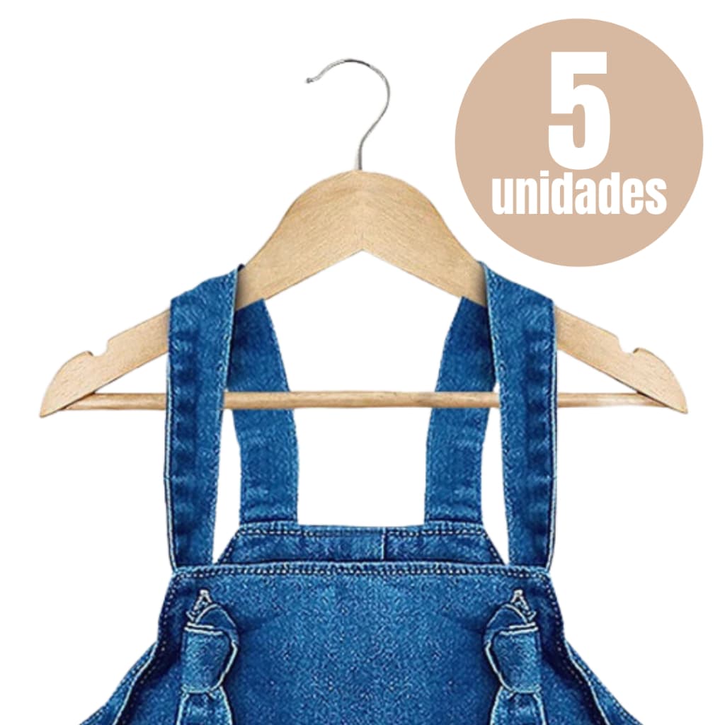 Kit 5 Cabides Madeira Infantil Marfim Envernizado Kids Premium Camiseta Calça Bermuda Vestido