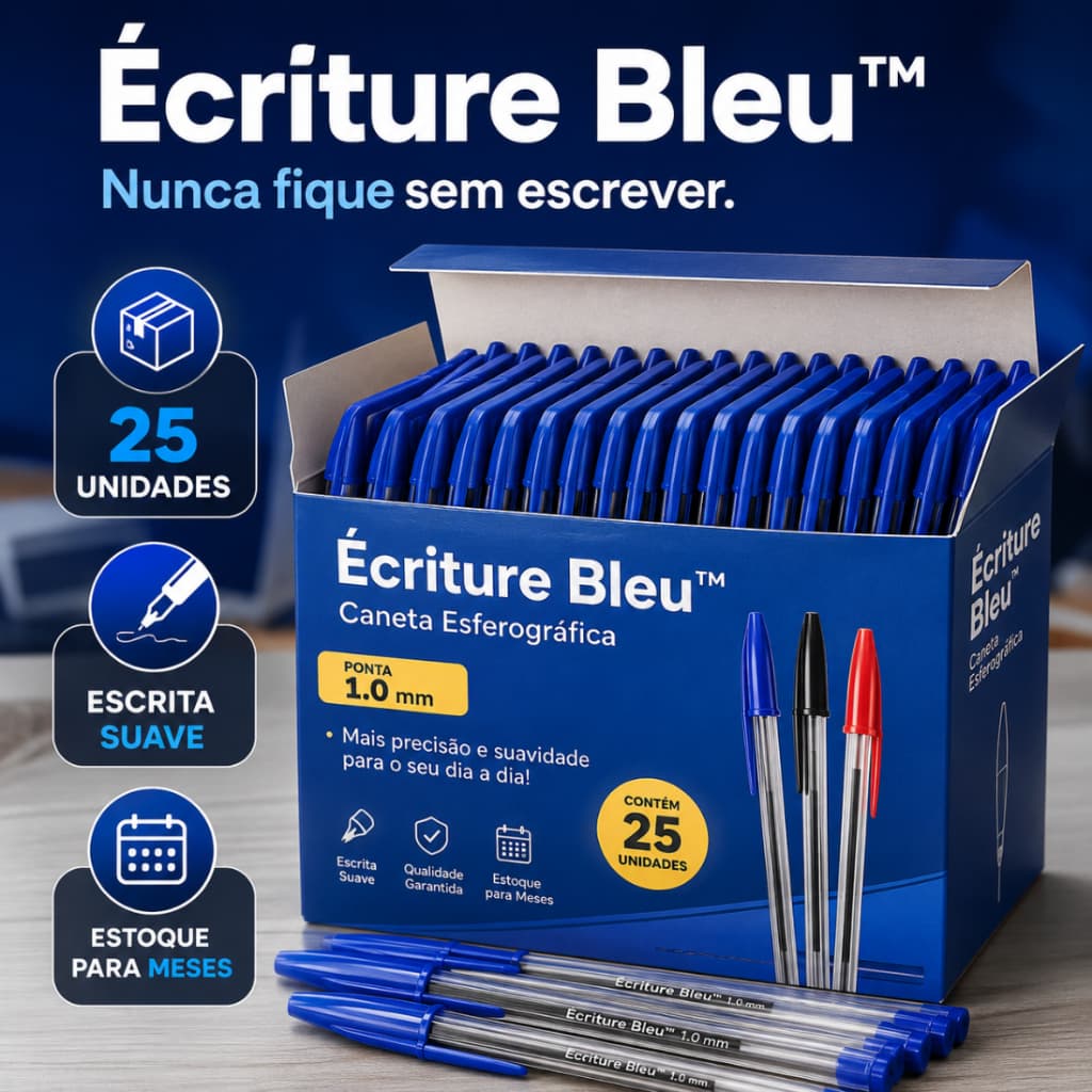Kit 25 Canetas Esferográficas Azul 1.0mm Escrita Macia Escola Escritório Faculdade