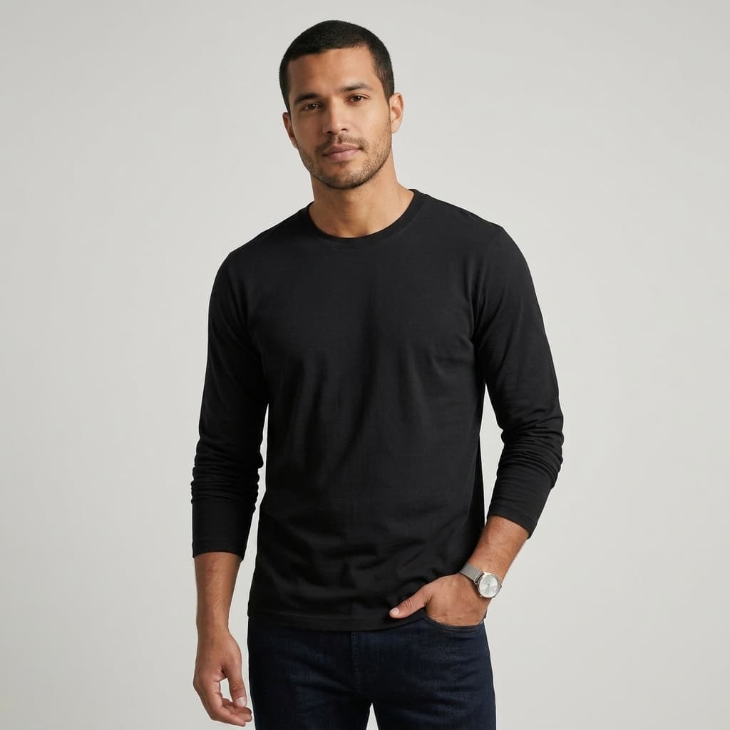 Camisa Masculina Manga Longa Gola Redonda Lisa 100% Algodão Malha Penteada Confortável Casual