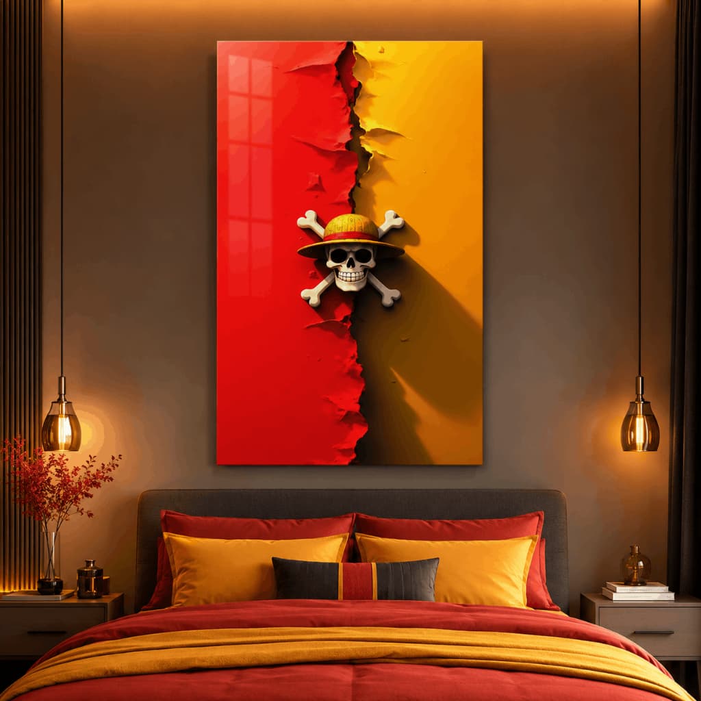 Quadro Decorativo Caveira Pirata Anime Vermelho Amarelo Premium MDF