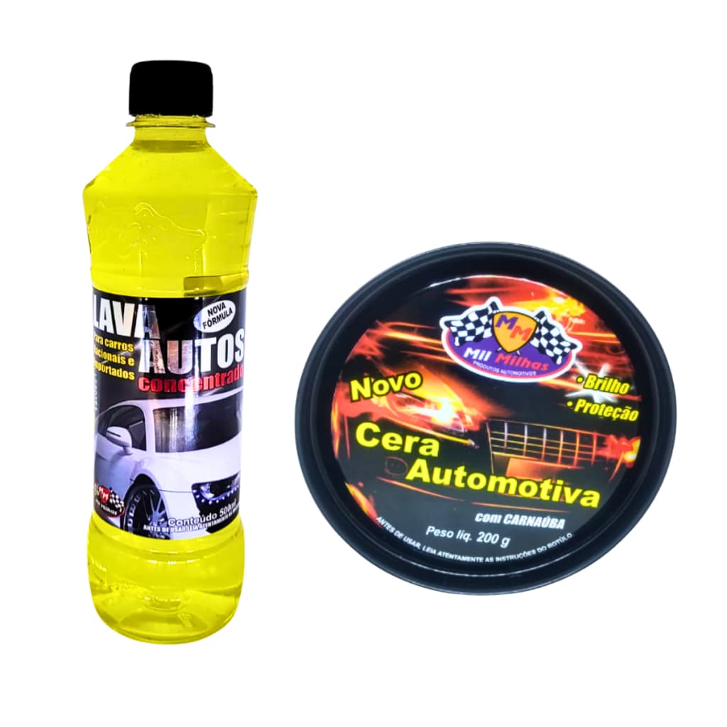 Kit Lava Autos Concentrado 500ml + Cera Automotiva 200g Carnaúba Brilho Proteção Limpeza Mil Milhas
