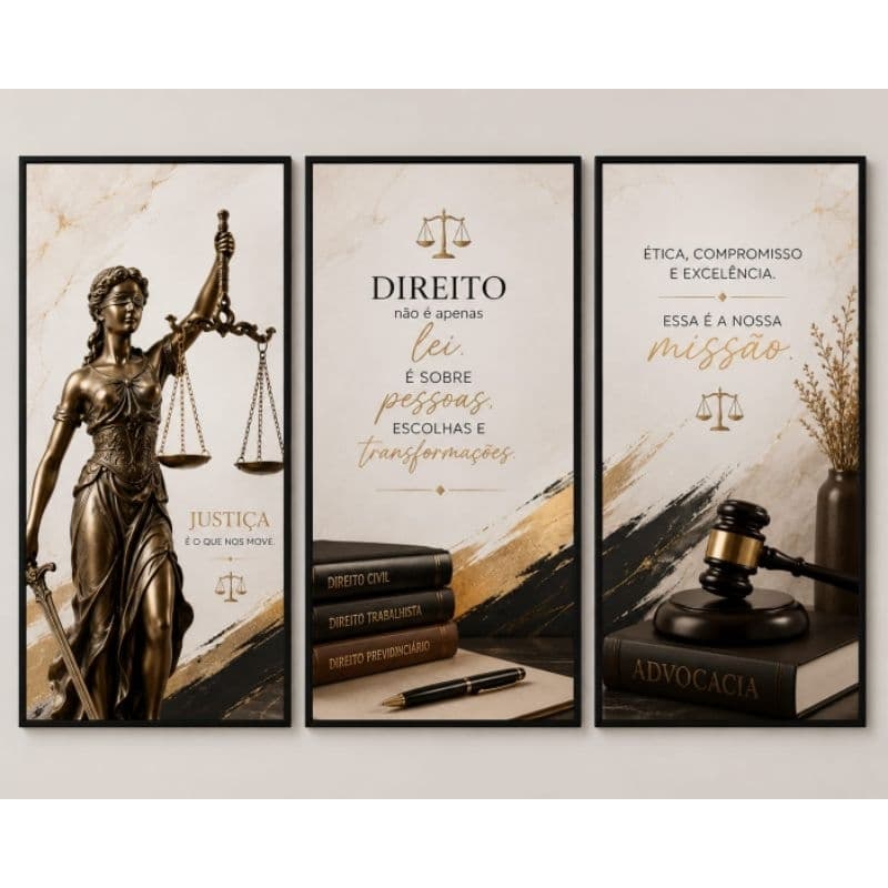 Quadro decorativo 3 peças justiça Advocacia direito para escritório sala moderno