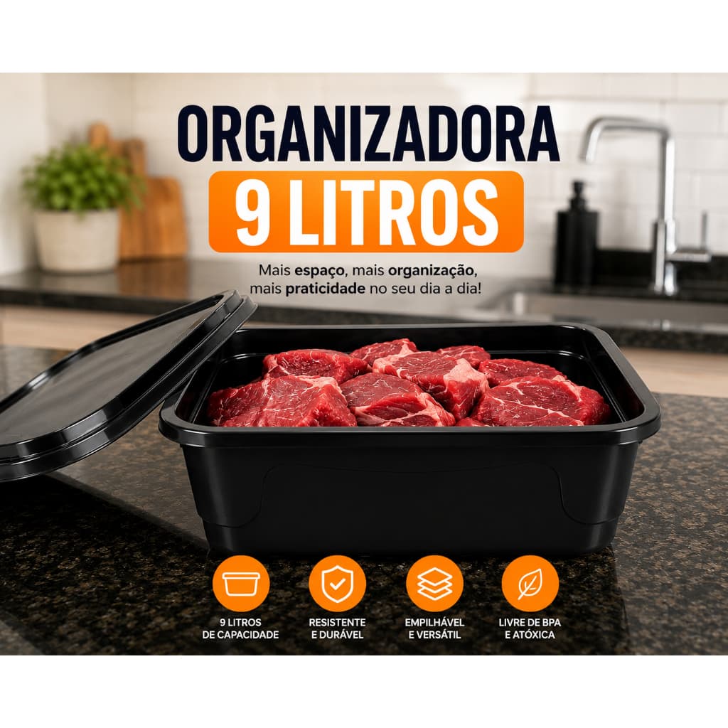 Kit 3 Organizadoras, Bandejas, Potes Plásticas Retangular 9L com Tampa e trava  Multi Uso Frigorifera Organizadora Preta