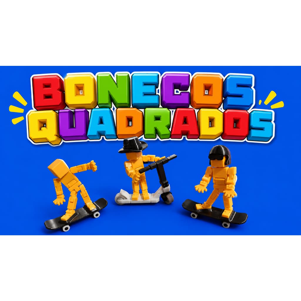 kit 3 Bonecos Quadrado Articulado com Skate e Patinete – Brinquedo Infantil Impresso em 3D | Criativo e Colecionável