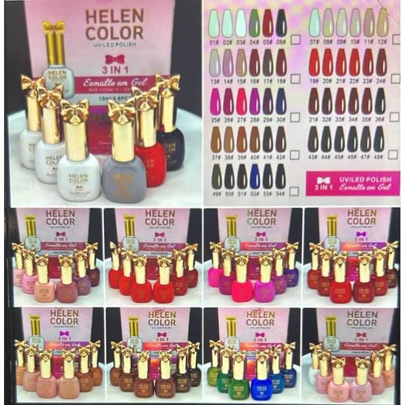 Kit 6 Esmaltes Helen Color 3 Em 1 Top Coat Base Uv/led - 60ml