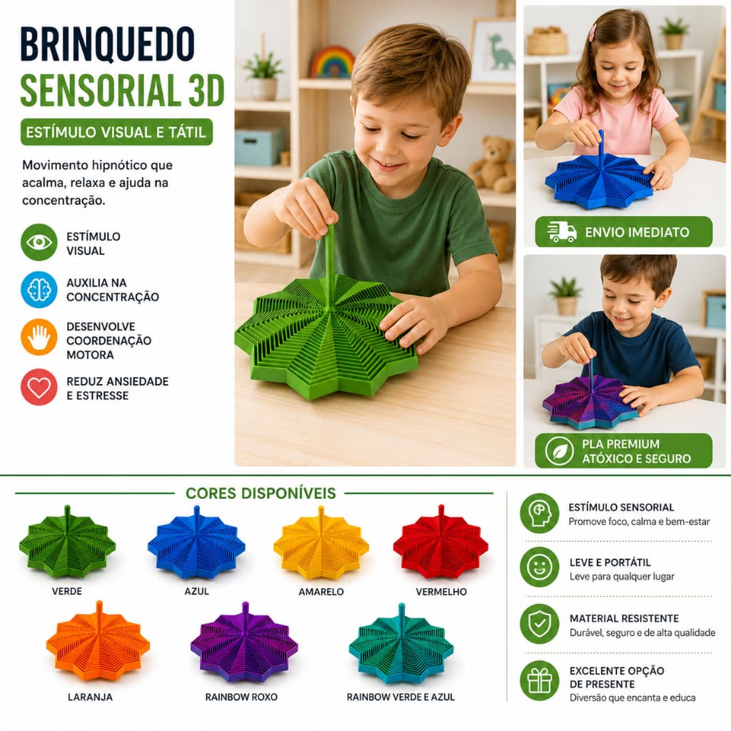 Brinquedo Sensorial Giratório 3D Montessori TEA Autismo Fidget Spinner Relaxante