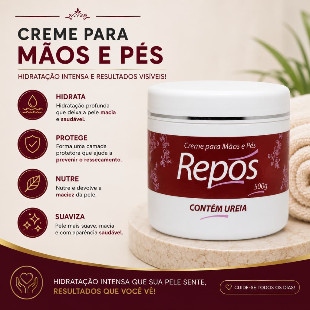 Creme Com Ureia Para Mãos e Pés Repós 500g Hidratante Antirressecamento Calcanhares Rachados Pedicure Podologia