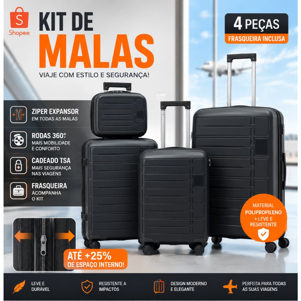 Kit Mala de Viagem 4 Peças em Polipropileno Cadeado TSA + Zíper Expansor + Rodas 360°