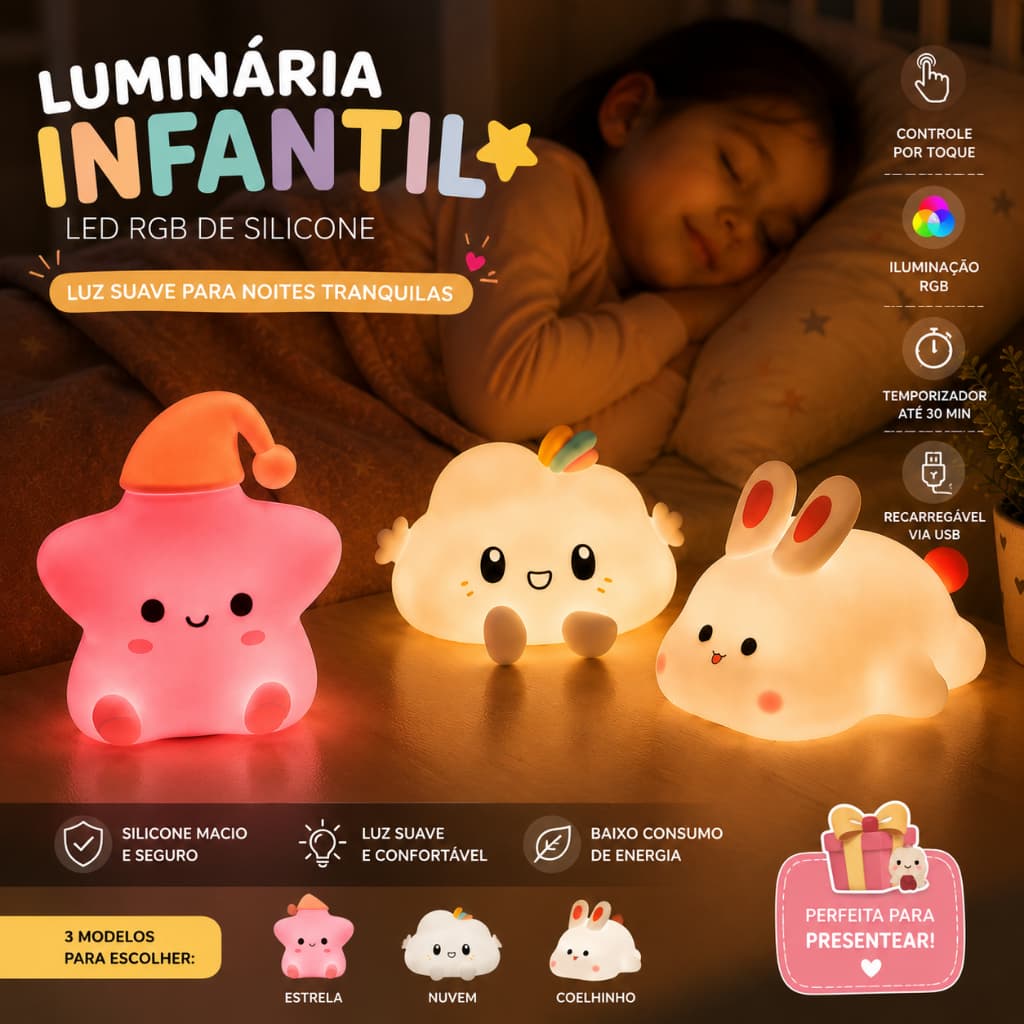 Luminária Infantil LED RGB Controle Toque Silicone USB