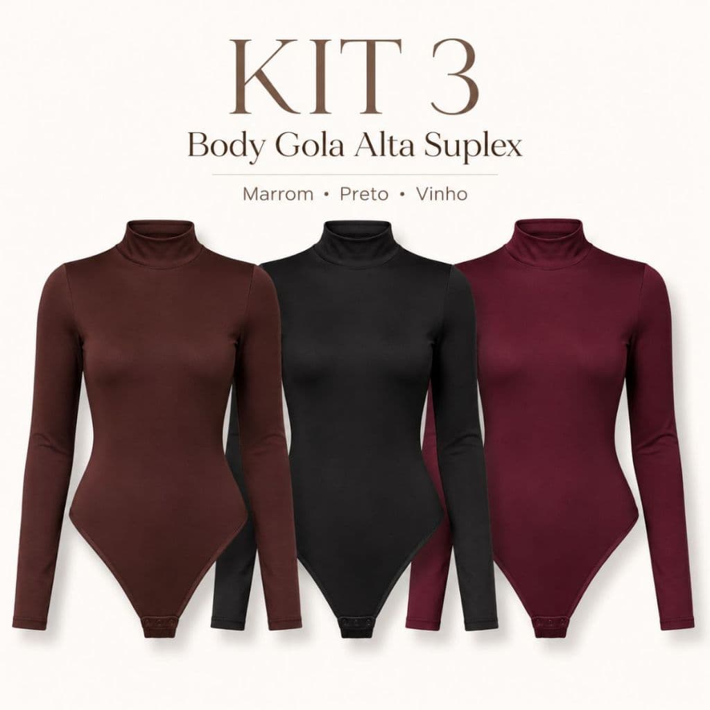 Kit 3 / 2  Body Feminino Gola Alta Cacharrel Manga Longa Segunda Pele Suplex Moda Inverno Estilo